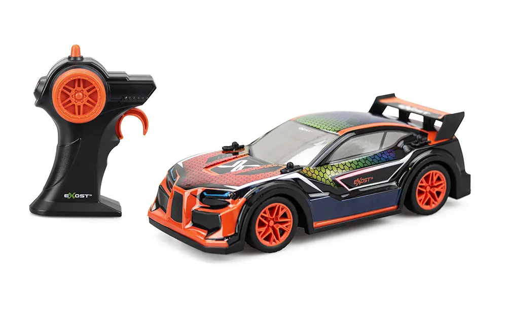 Samochód zdalnie sterowany Exost Fusion Bolt z pilotem, sportowy model w kolorach czarnym i pomarańczowym."
