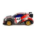 Boczny widok auta RC Exost Rally XTR, sportowy model z żółtymi kołami i numerem 43.