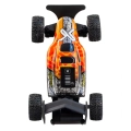 Widok z góry na auto RC Exost Star Drive, pomarańczowy model z dużym spojlerem i terenowymi oponami.