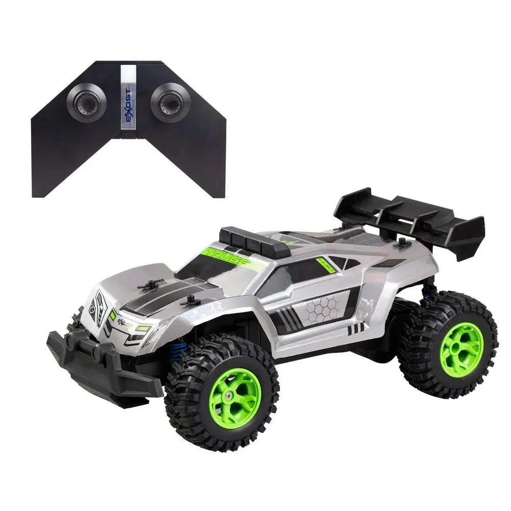 Samochód zdalnie sterowany Exost Pro Future X z pilotem, model RC w kolorze srebrnym z zielonymi kołami.