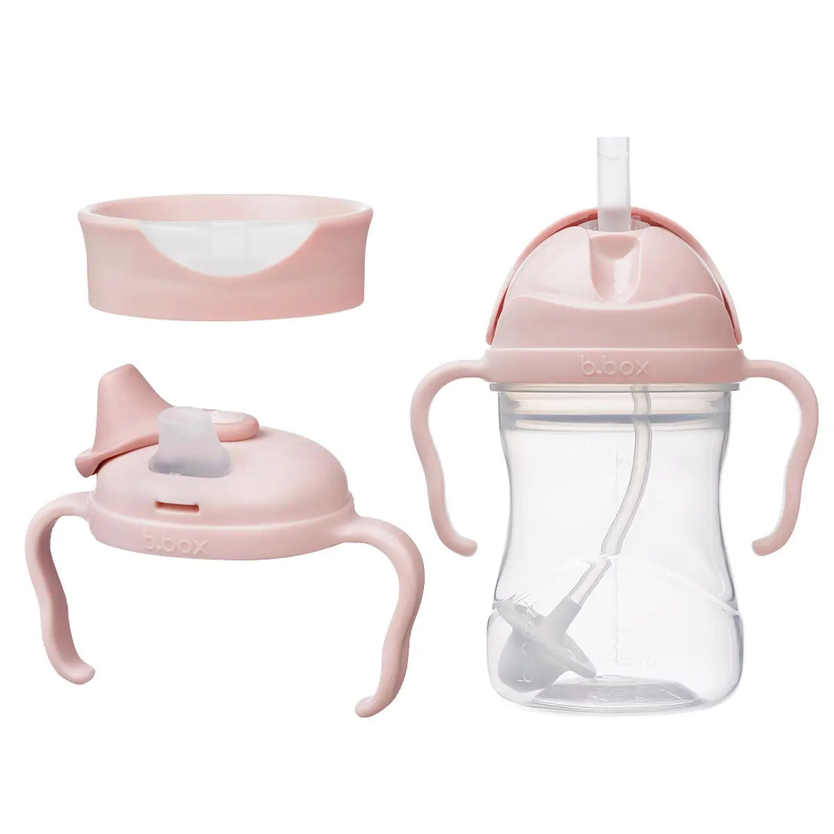 Zestaw B.box kubek do picia 3w1 240 ml w kolorze blush z wymiennymi nakładkami: niekapek, bidon ze słomką i kubek treningowy.
