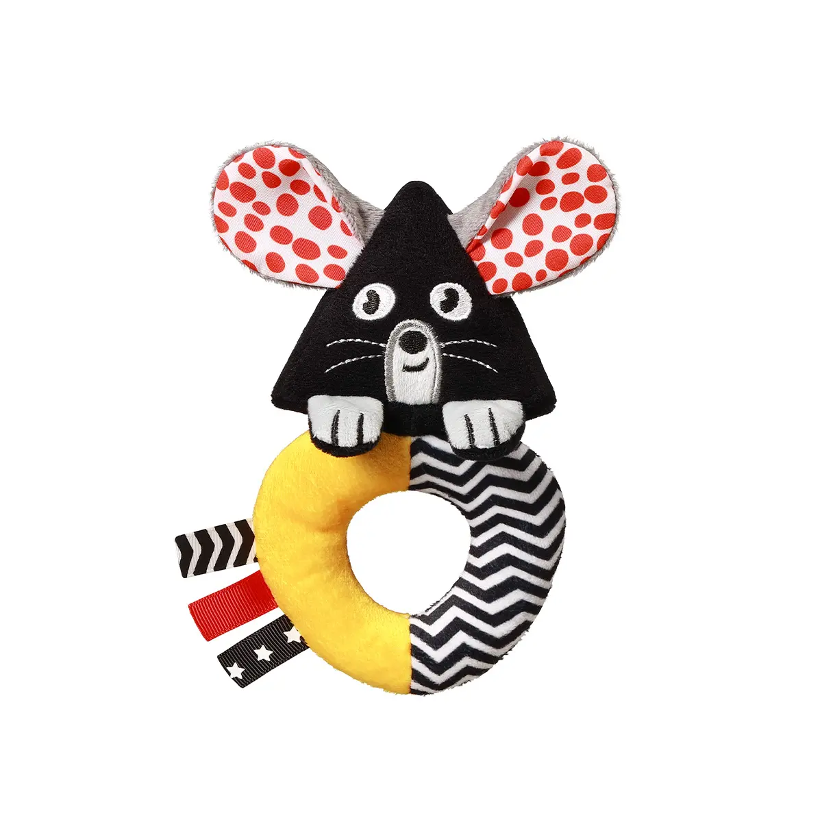 Kontrastowa grzechotka Babyono 1677 Mouse w kształcie myszki, czarno-biała z żółtym elementem i metkami sensorycznymi dla niemowląt