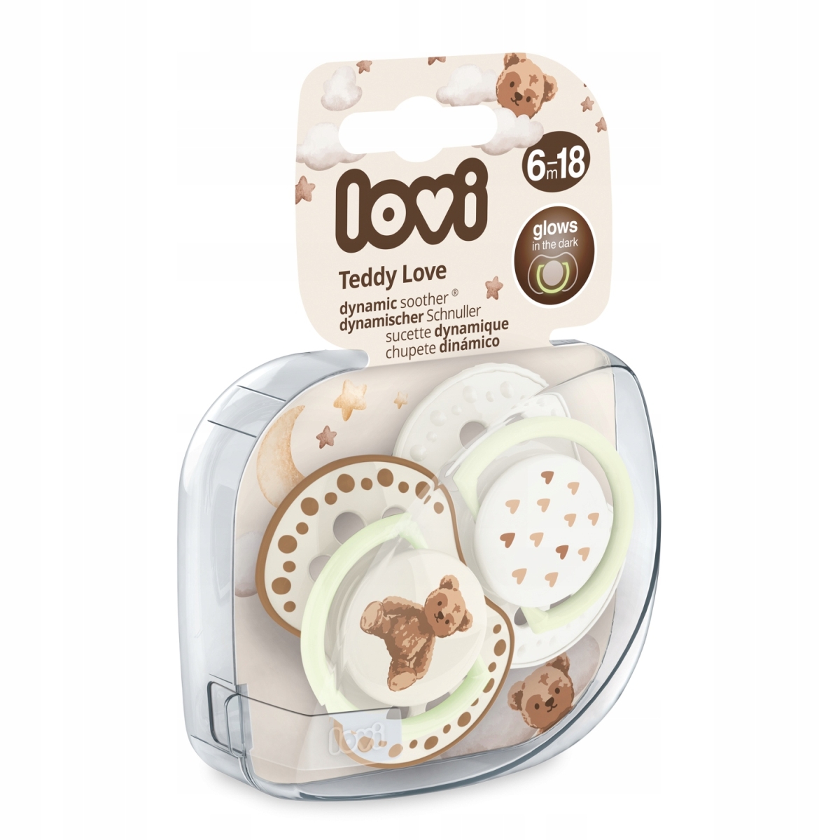 Opakowanie smoczków silikonowych LOVI Teddy Love 6–18 m, dynamiczny smoczek uspokajający, świeci w ciemności, zestaw 2 sztuki