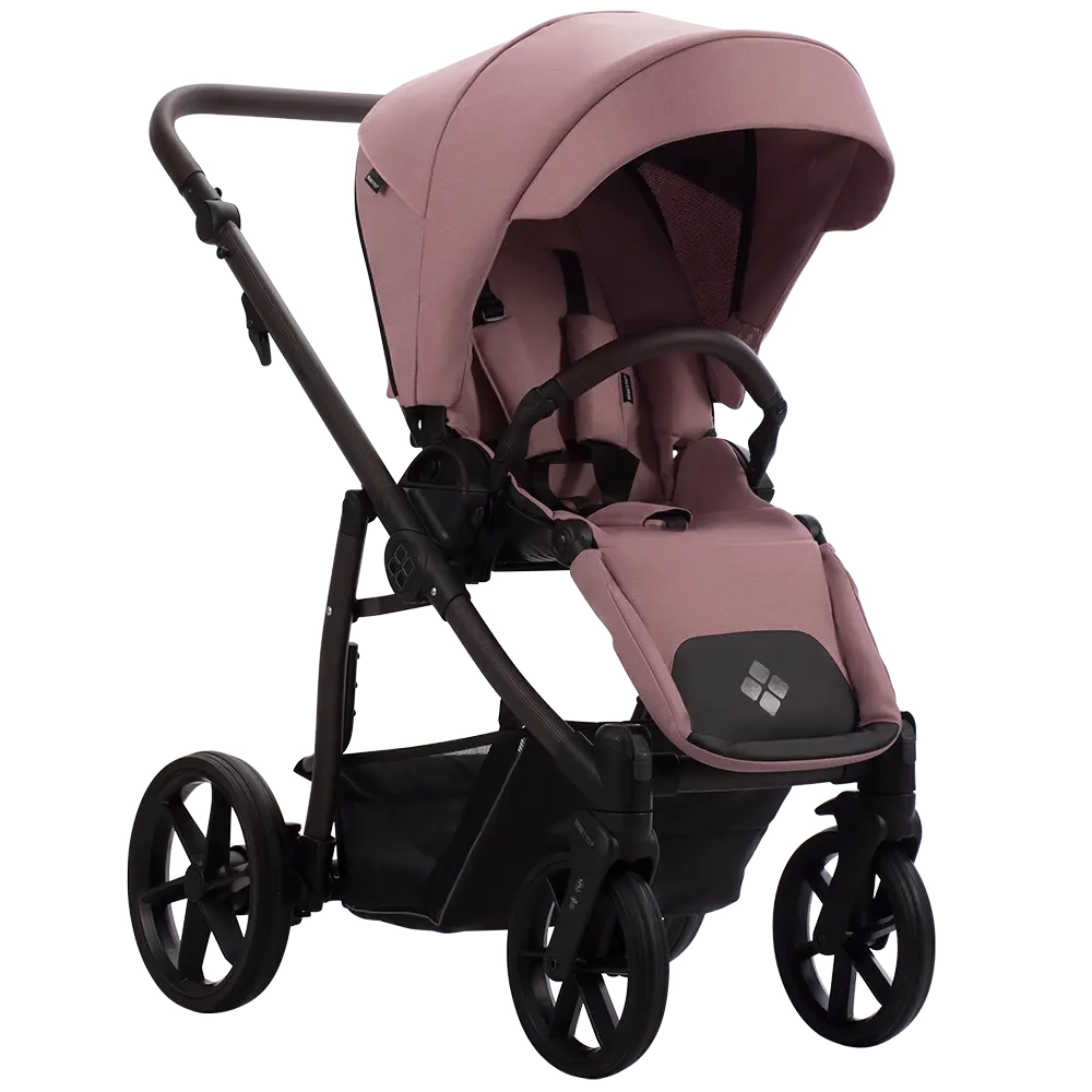 Wózek spacerowy Bebetto Fluxo 01 z różową tapicerką, stelaż Brown, regulowane siedzisko i budka.