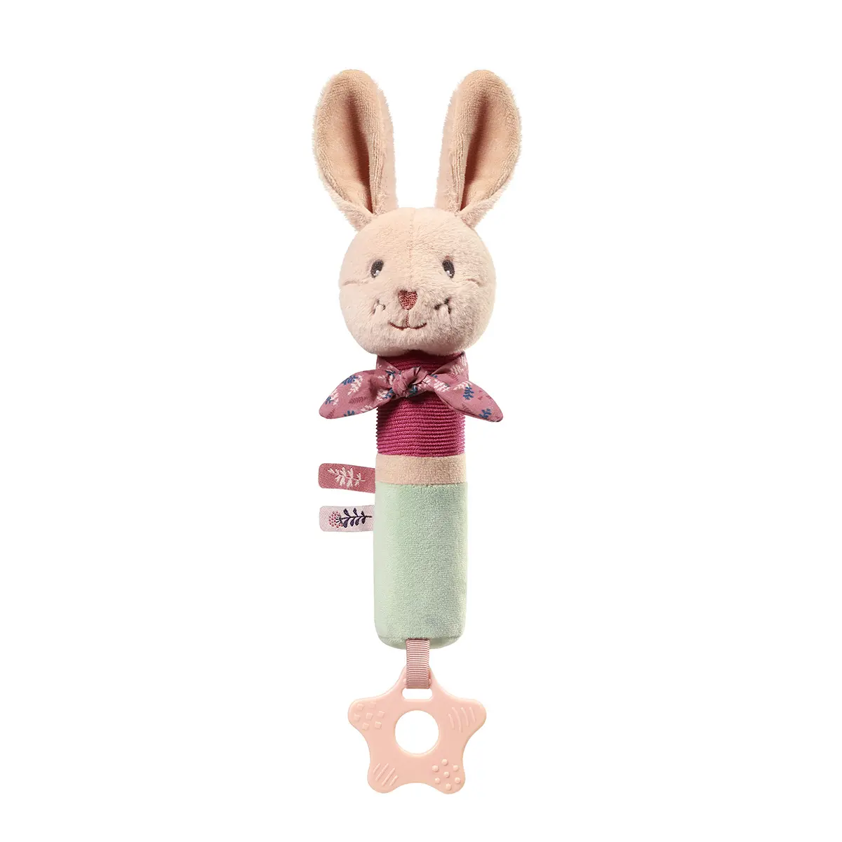 Piszczek z gryzakiem Babyono 1682 Rabbit Karo w kształcie króliczka, zabawka sensoryczna dla niemowląt z długimi uszami, elementami dotykowymi i gryzakiem na ząbkowanie w jasnych pastelowych kolorach.