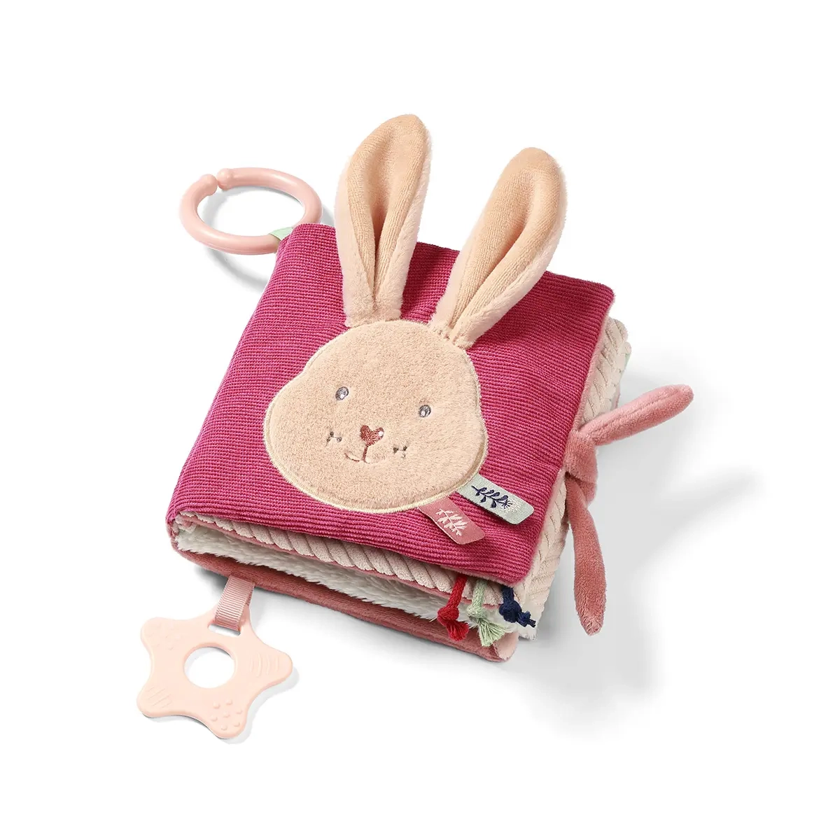 Miękka książeczka sensoryczna dla niemowląt Babyono 1684 Rabbit Karo z króliczkiem, metkami, gryzakiem i uchwytem do wózka.