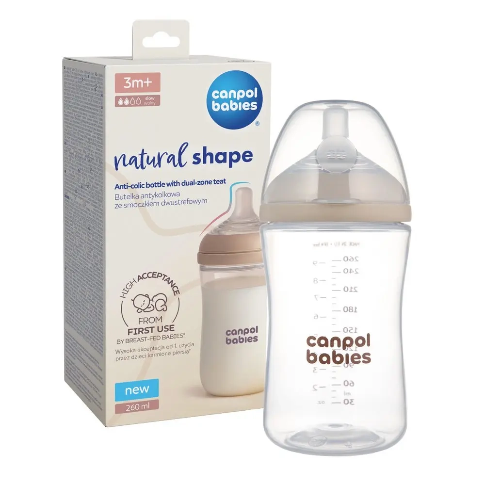 Butelka antykolkowa Canpol babies 35-401 Natural Shape 260 ml ze smoczkiem dwustrefowym DuoFlex, opakowanie produktu dla niemowląt karmionych piersią i butelką