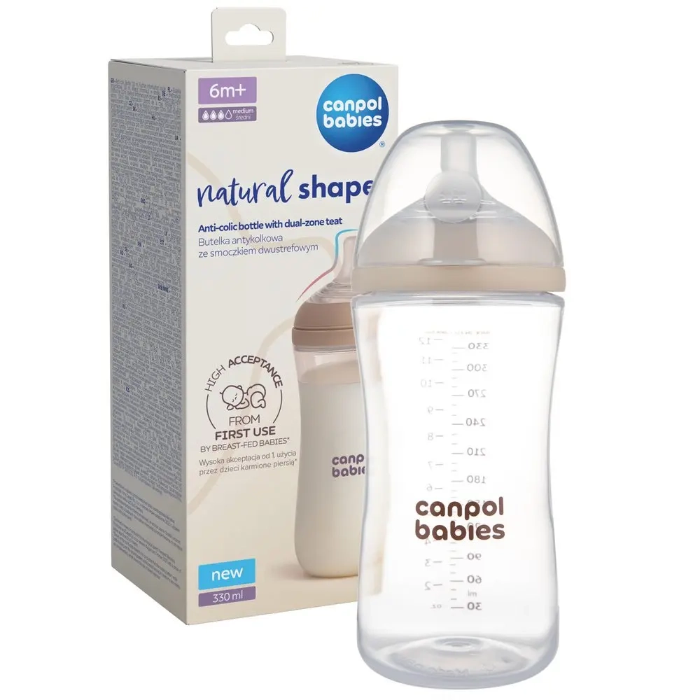 Butelka antykolkowa Canpol babies 35-402 Natural Shape 330 ml z opakowaniem i smoczkiem dwustrefowym DuoFlex
