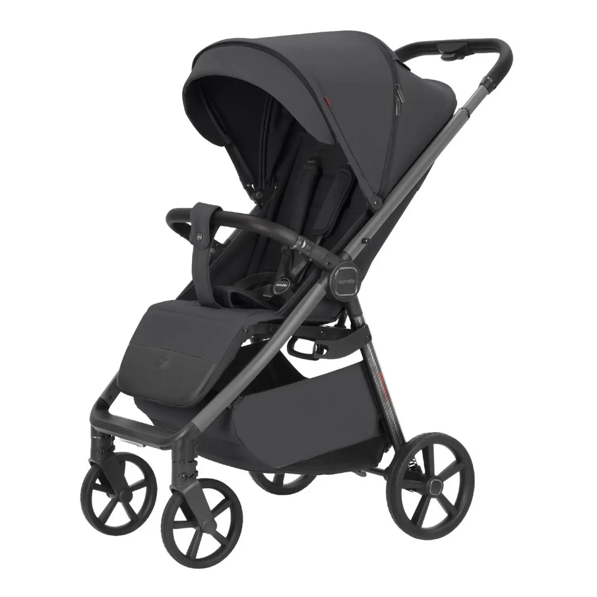 Wózek spacerowy Carrello Bravo Carbon w kolorze Liberty Grey – nowoczesny, lekki model z regulowaną budką, amortyzacją i skrętnymi kołami.