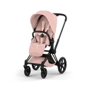 Wózek spacerowy Cybex Priam Style peach pink z matową czarną ramą i ergonomicznym siedziskiem dla dziecka