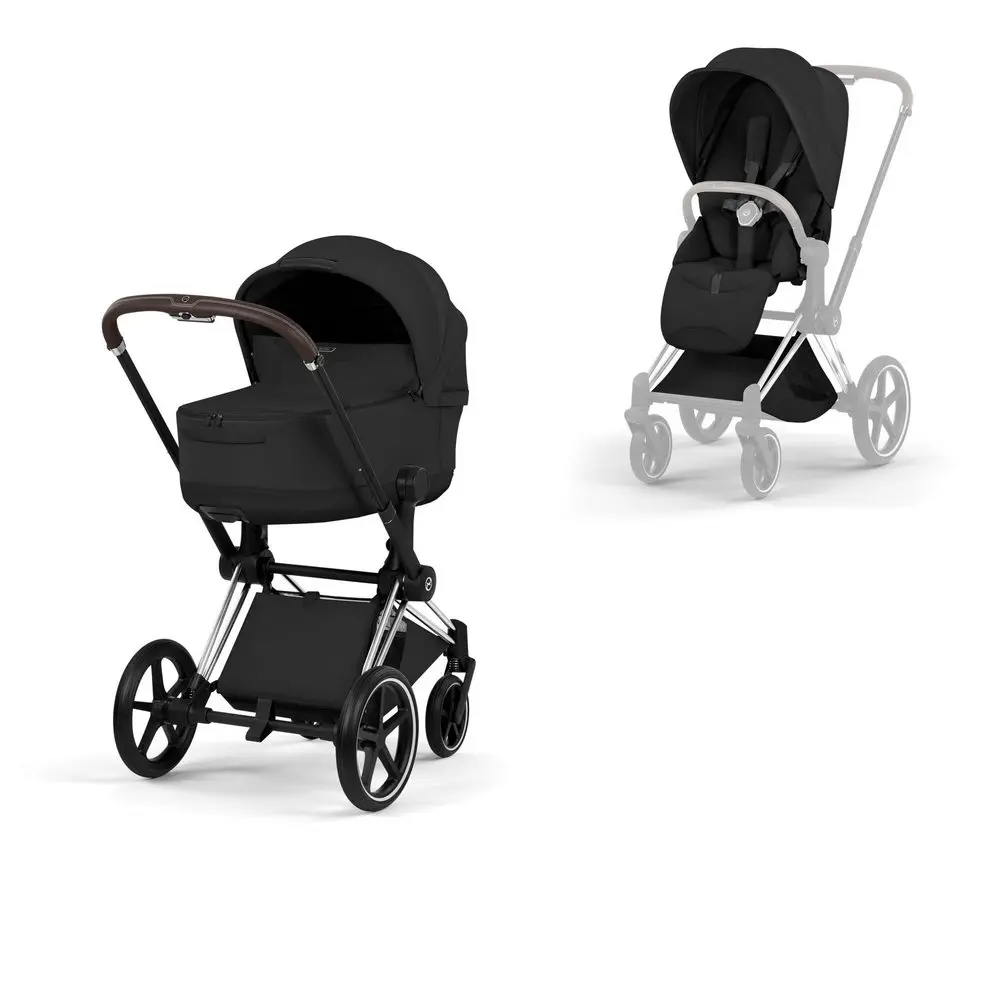 Cybex Priam Style wózek dziecięcy 2w1 czarny sepia black z gondolą Lux i spacerówką, chromowana rama z brązową rączką chrome brown