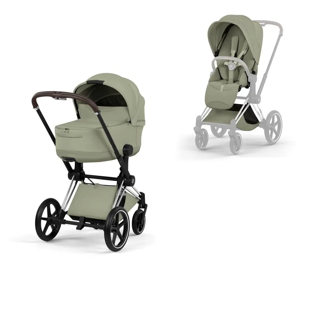 Cybex Priam Style wózek dziecięcy 2w1 zielony sage green ze składaną gondolą Lux i siedziskiem spacerowym, rama chromowana z brązową rączką