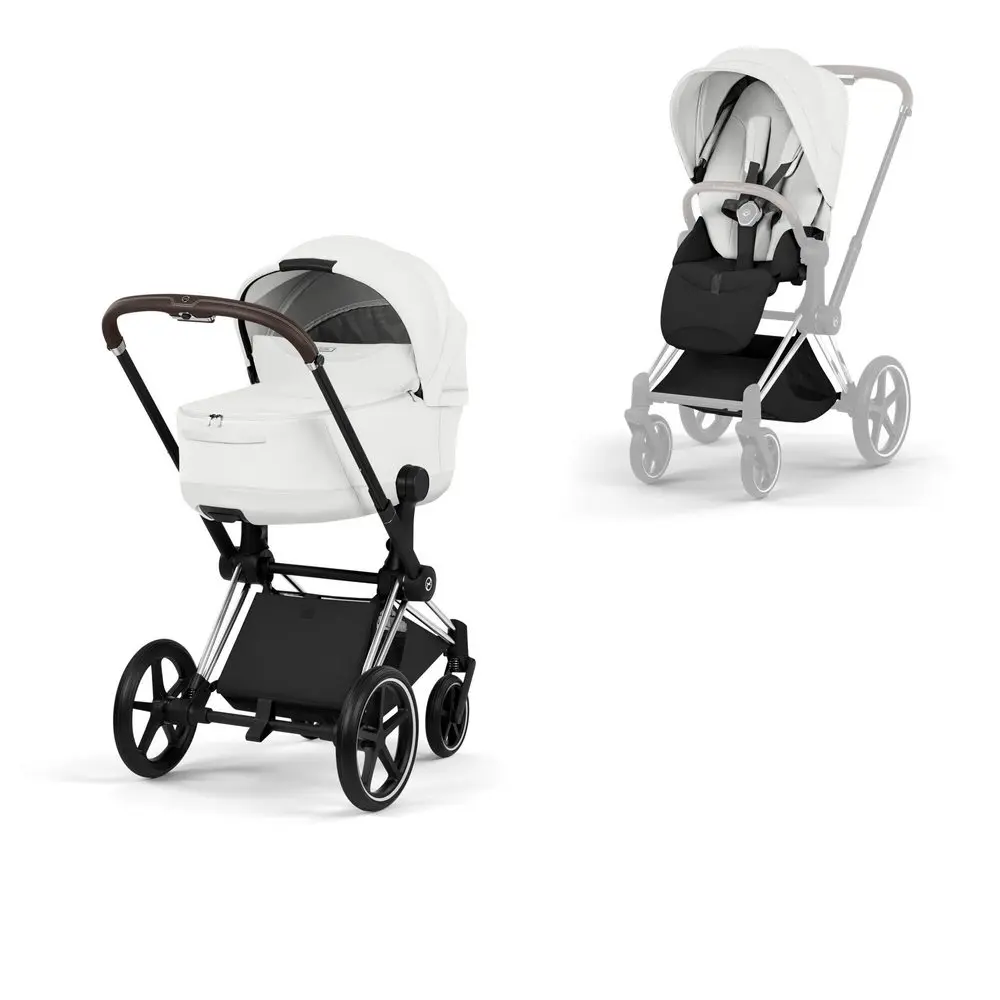 Cybex Priam Style wózek dziecięcy 2w1 biały off white z gondolą Lux i spacerówką, chromowana rama z brązową rączką chrome brown