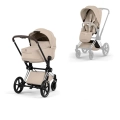 Cybex Priam Style wózek dziecięcy 2w1 beżowy cozy beige z gondolą Lux i spacerówką, chromowana rama z brązową rączką chrome brown