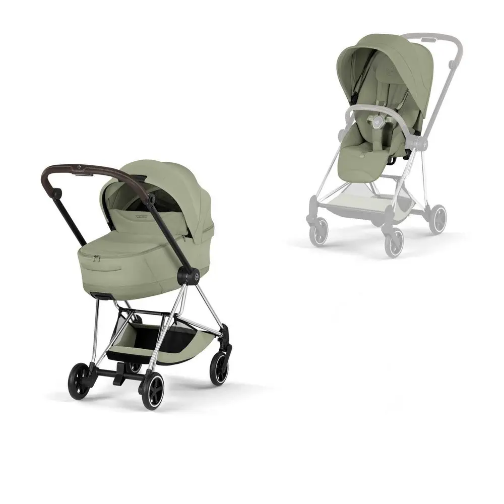 Cybex Mios Style wózek głęboko-spacerowy 2w1 ze składaną gondolą Sage Green na eleganckiej ramie Chrome Brown