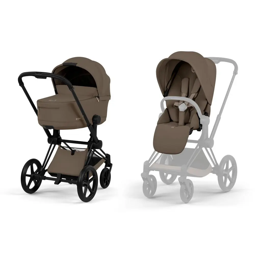 Cybex Priam Comfort wózek dziecięcy głęboko-spacerowy w kolorze coconut brown z gondolą i siedziskiem spacerowym na czarnej ramie matt black