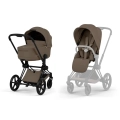Cybex Priam Comfort wózek dziecięcy głęboko-spacerowy w kolorze coconut brown z gondolą i siedziskiem spacerowym na czarnej ramie matt black