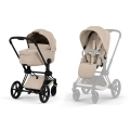 Cybex Priam Comfort wózek dziecięcy 2w1 w kolorze cozy beige z gondolą i siedziskiem spacerowym na czarnej ramie matt black