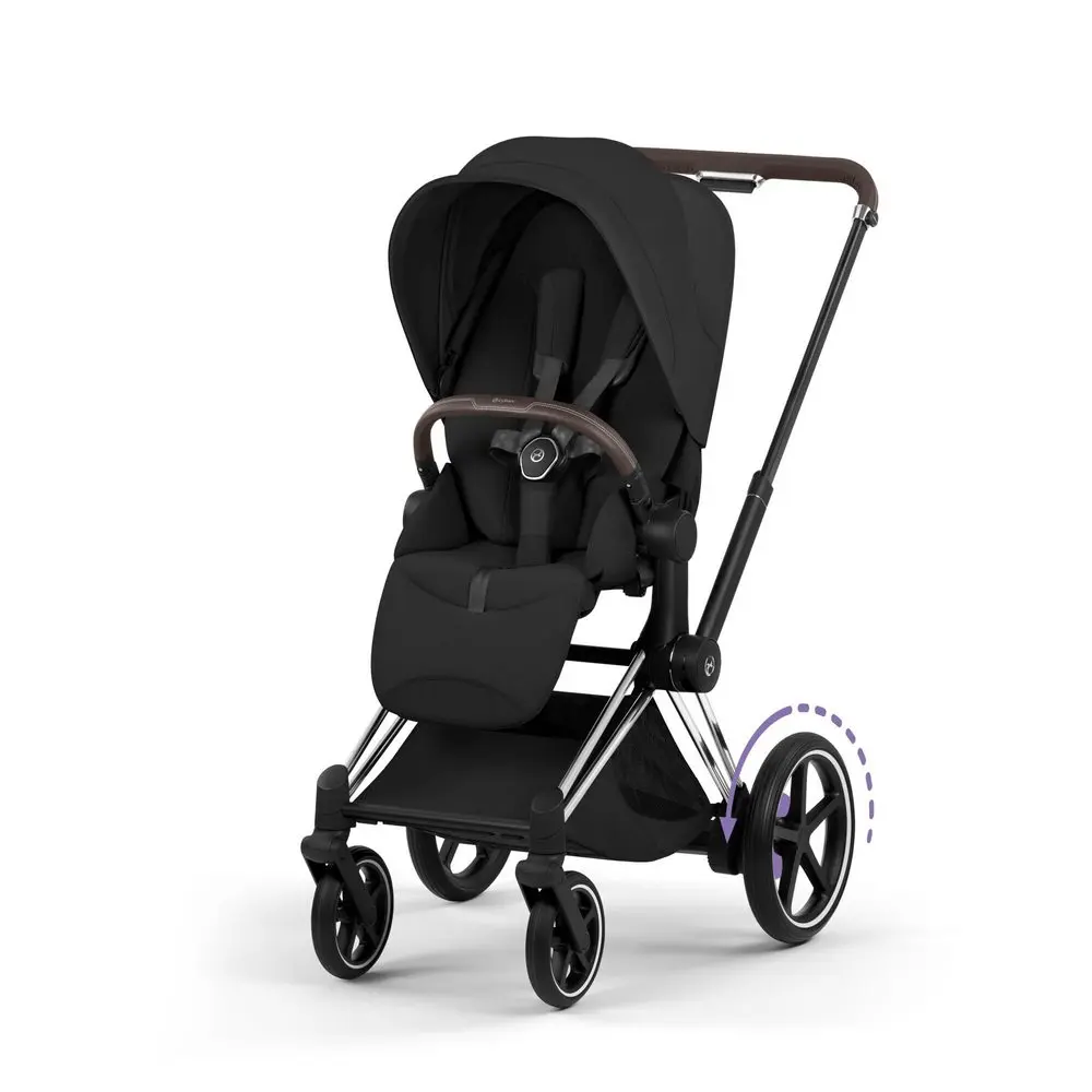 Cybex ePriam Style wózek spacerowy czarny sepia black z elektrycznym wspomaganiem jazdy i dużymi kołami w wersji chrome brown
