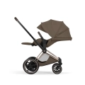 Cybex ePriam Style coconut brown wózek spacerowy z rozłożonym oparciem do pozycji leżącej i dużą budką przeciwsłoneczną