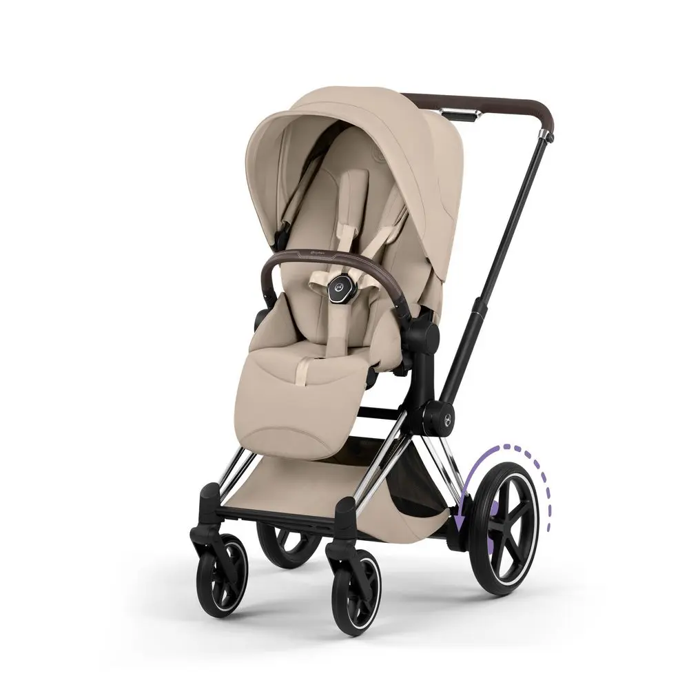 Cybex ePriam Style wózek spacerowy cozy beige na ramie chrome brown z elektrycznym wspomaganiem jazdy i dużą budką
