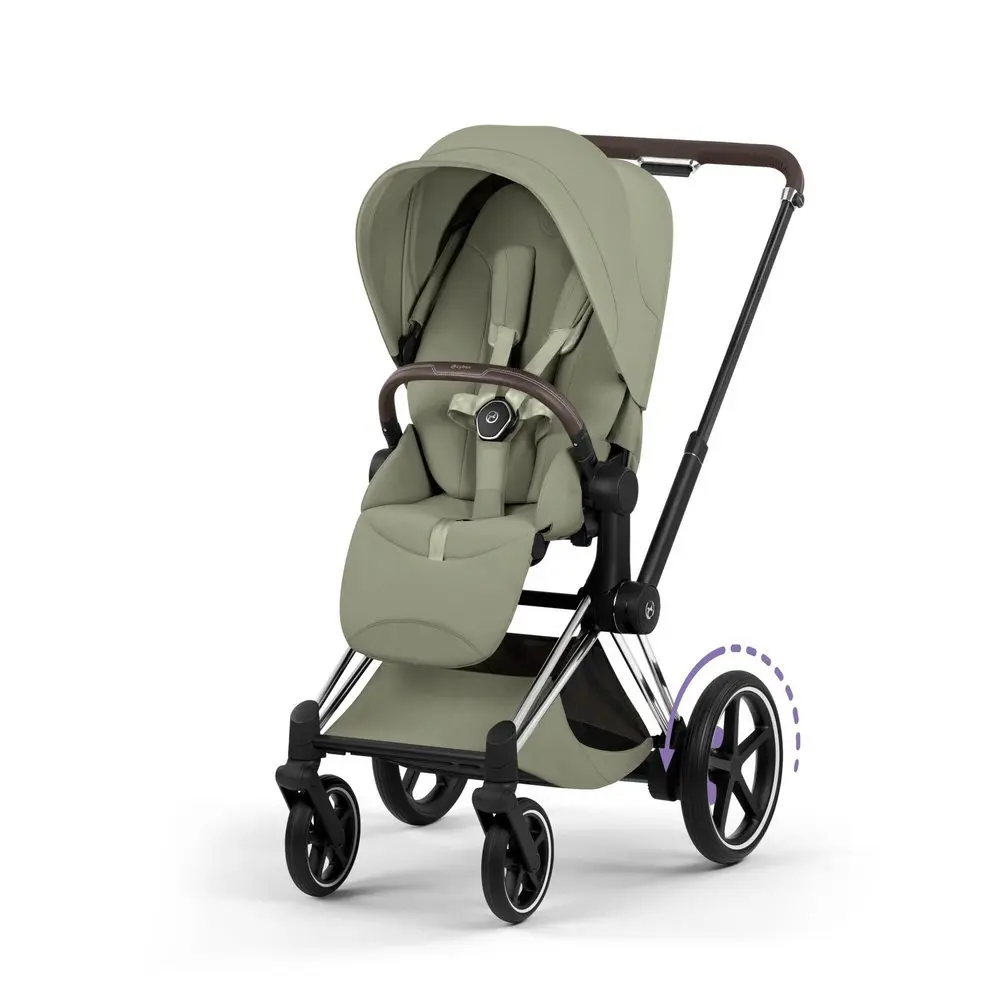 Cybex ePriam Style wózek spacerowy sage green na ramie chrome brown z elektrycznym wspomaganiem jazdy i dużą budką