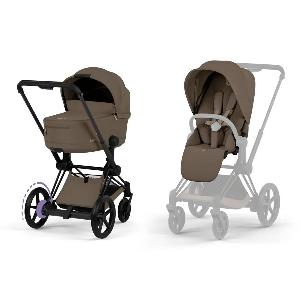 Cybex ePriam Comfort wózek dziecięcy elektryczny 2w1 kolor Coconut Brown z czarną ramą, gondola i siedzisko spacerowe