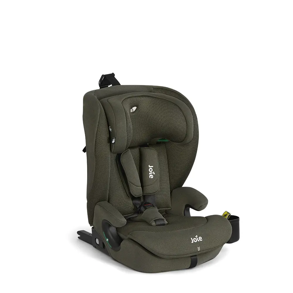Zielony fern mesh fotelik samochodowy Joie i-Irvana Max i-Size R129 z 5-punktową uprzężą, ISOFIX i uchwytem na kubek dla dzieci 76–150 cm.