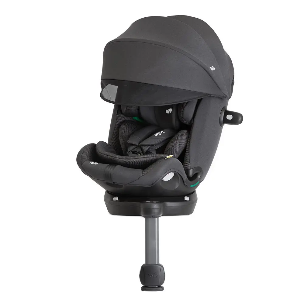 Obrotowy fotelik Joie i-Spin 360 Max z daszkiem UPF 50+, widok przód pod kątem, system ISOFIX i ochrona boczna