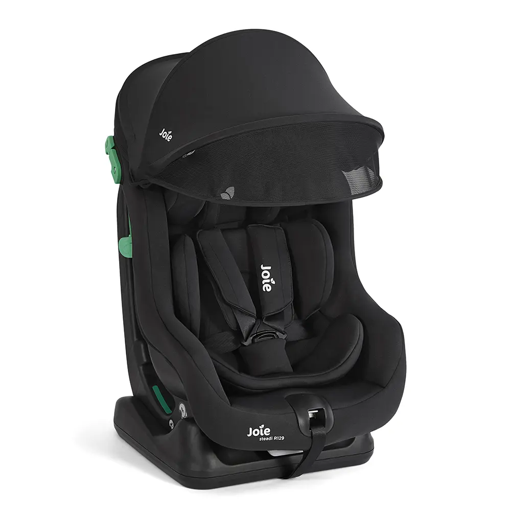 Czarny raven fotelik samochodowy Joie Steadi R129 Canopy z daszkiem przeciwsłonecznym dla niemowląt i dzieci 40-105 cm