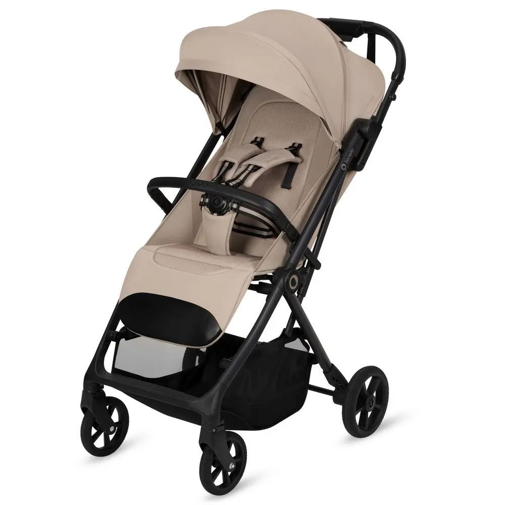 Wózek spacerowy Lionelo Tansi Beige Sand z dużą budką XXL i lekką konstrukcją na czarnym stelażu