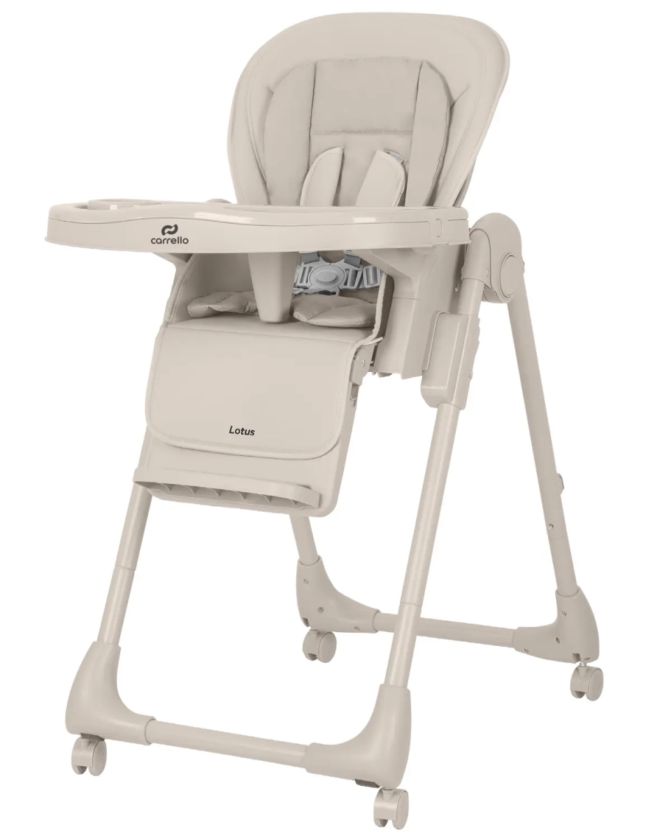 Beżowe krzesełko do karmienia Carrello Lotus Dune Beige z regulowanym oparciem