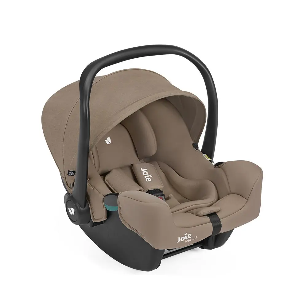 Joie i-Snug 2 v2 i-Size w kolorze Cashew, fotelik samochodowy dla niemowląt z budką przeciwsłoneczną i ergonomiczną rączką do przenoszenia.