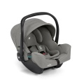 Szary fotelik Joie i-Snug 2 v2 Quartz dla niemowląt, wyposażony w regulowany zagłówek, budkę ochronną i ergonomiczną konstrukcję.