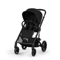 Cybex Balios S Lux Moon Black w wersji spacerowej z odwracanym siedziskiem, dużą budką XXL i ergonomicznym systemem bezpieczeństwa.