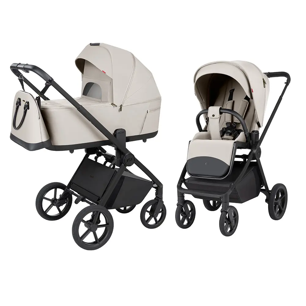 Elegancki Carrello Ultra F CRL-6556 Milk Grey to nowoczesny wózek dziecięcy 2w1 z przestronną gondolą, komfortową spacerówką oraz amortyzowanymi kołami.