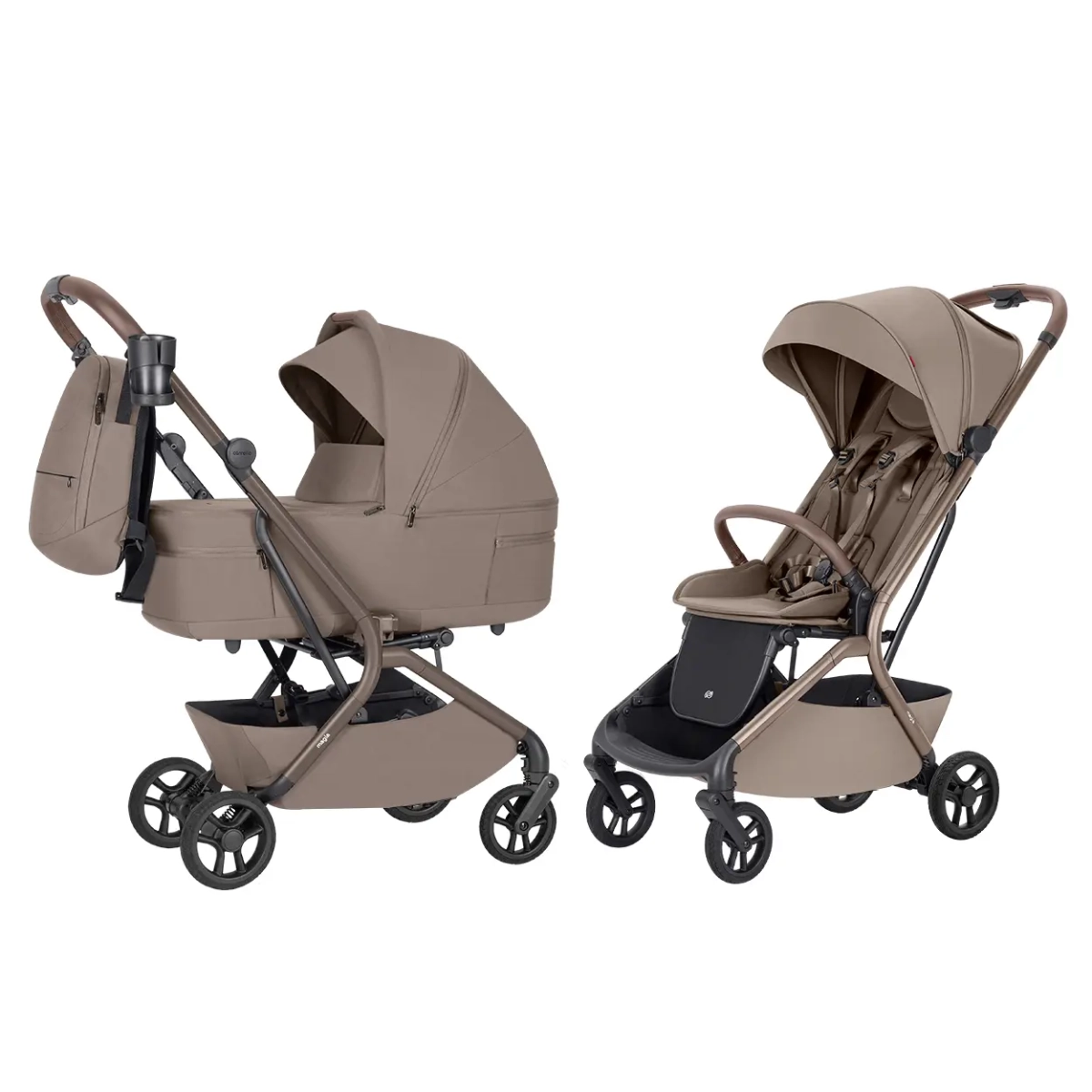 Carrello Magia 2.0 w eleganckim kolorze Cocoa Beige to lekki i kompaktowy wózek dziecięcy z gondolą oraz siedziskiem spacerowym, idealny na codzienne spacery i podróże.