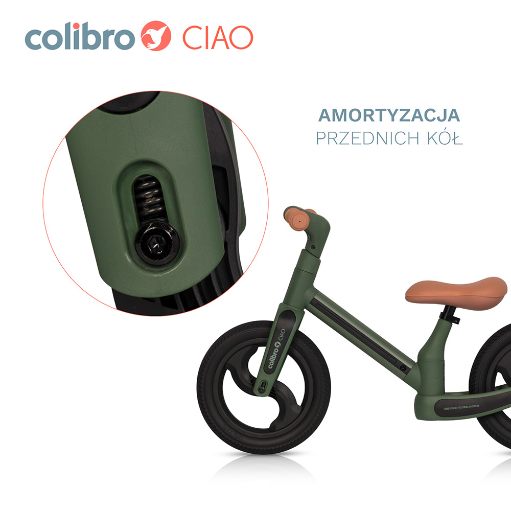 Colibro Ciao rowerek posiada amortyzację przednich kół